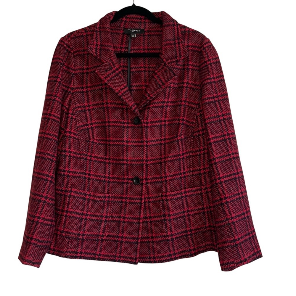 Talbots Women's Wool Blend Red and Black Checkered Blazer Jacket